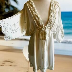 White Eyelet Coverup Mini Dress Swim Cotton Embroidered Lined Boho Beach Bride M